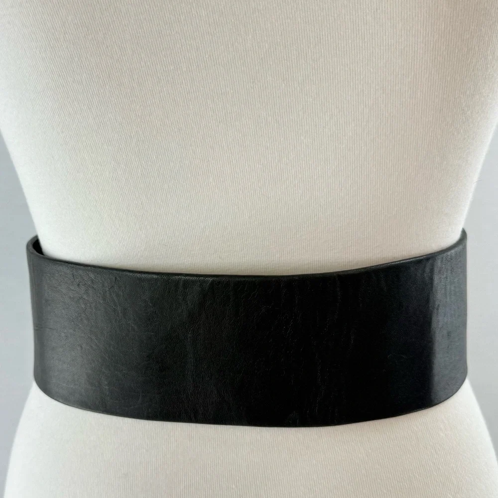 Jill Stuart Vintage Black Genuine Leather Bow Tie Wide Belt